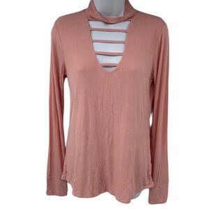 Michael Lauren Peach Long Sleeve Ribbed Mock Neck Top with Cutouts Size Medium